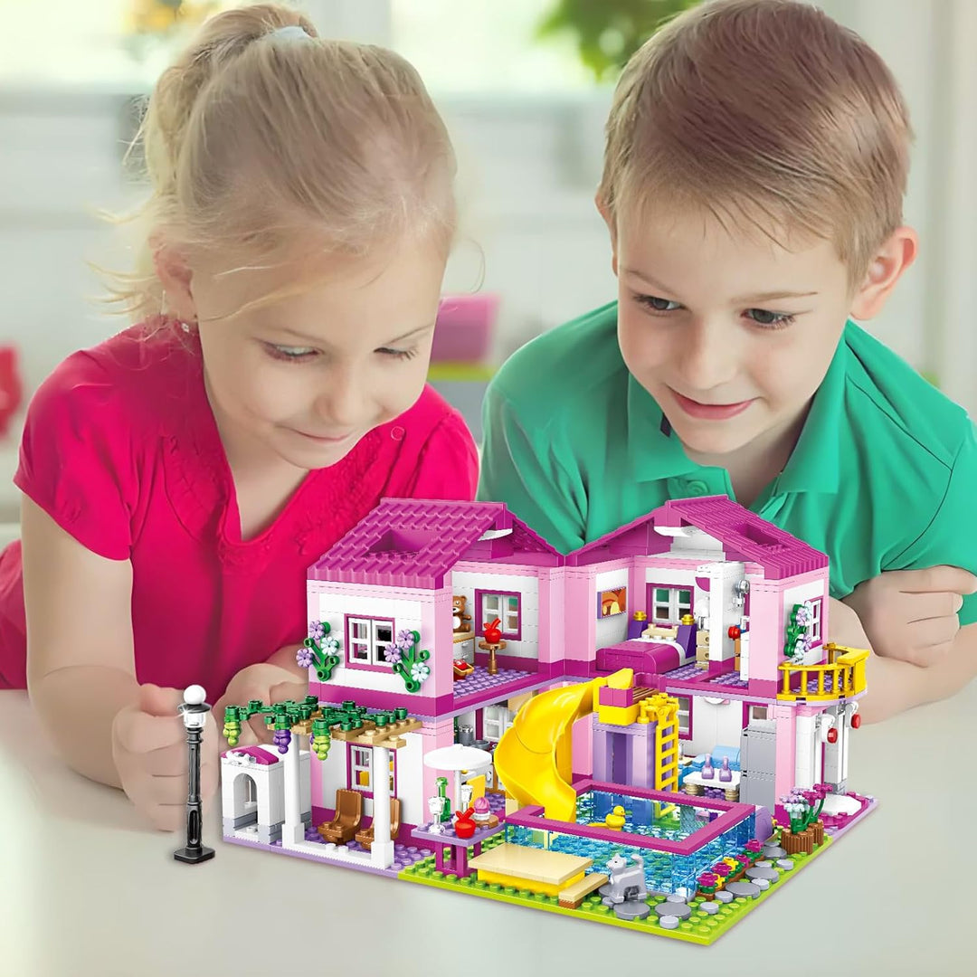 CSNRHG Rosa Sommer Pool Villa Baustein Set Freunde BAU Bildungs 1018 Stück Geschenke Erwachsene Alte