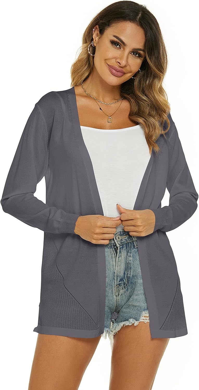 Damen Strickjacke Sommer Cardigan Elegant Lang Jacke Leichte Langarm Offene Strickjacke Sommerjacke,