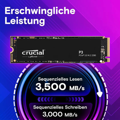 Crucial P3 500GB M.2 PCIe Gen3 NVMe Interne SSD, Bis zu 3500MB/s - CT500P3SSD8, Festkörper-Laufwerk,