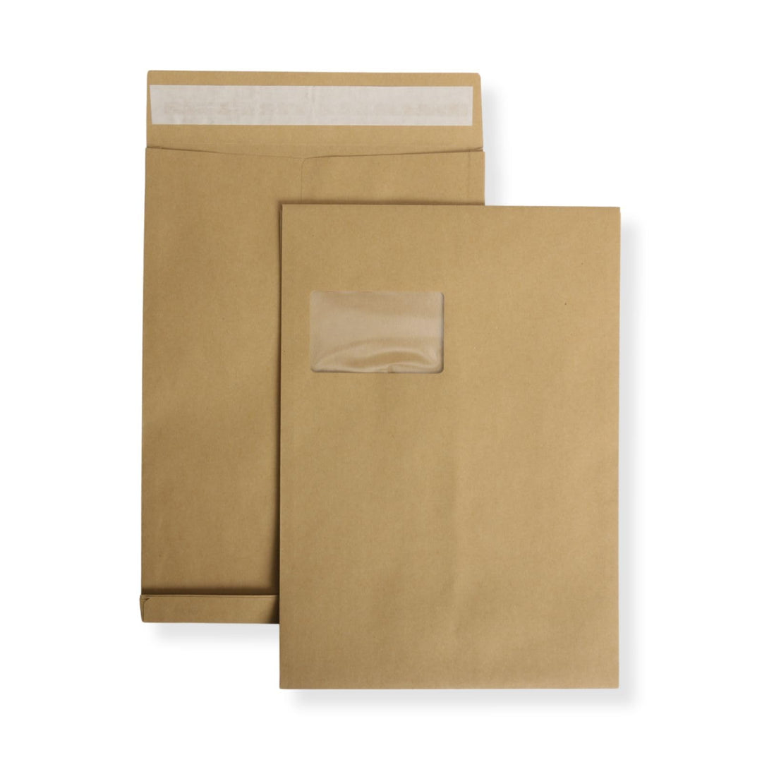 250 St. DIN C4 Faltenversandtaschen mit Fenster braun Stehboden und 20 mm Falte 130 gr. Kuvert 229x3