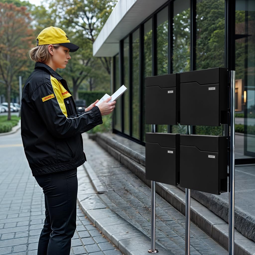 Metzler Standbriefkasten für 4 Parteien in RAL 9005 Tiefschwarz – Briefkasten freistehend 4er für Me