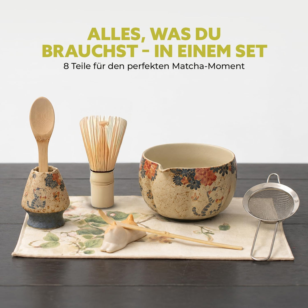 Matcha Set Japan 8-teilig – Premium Matcha Tee Set mit Keramik Schale, Bambus Chasen Besen & Halter,