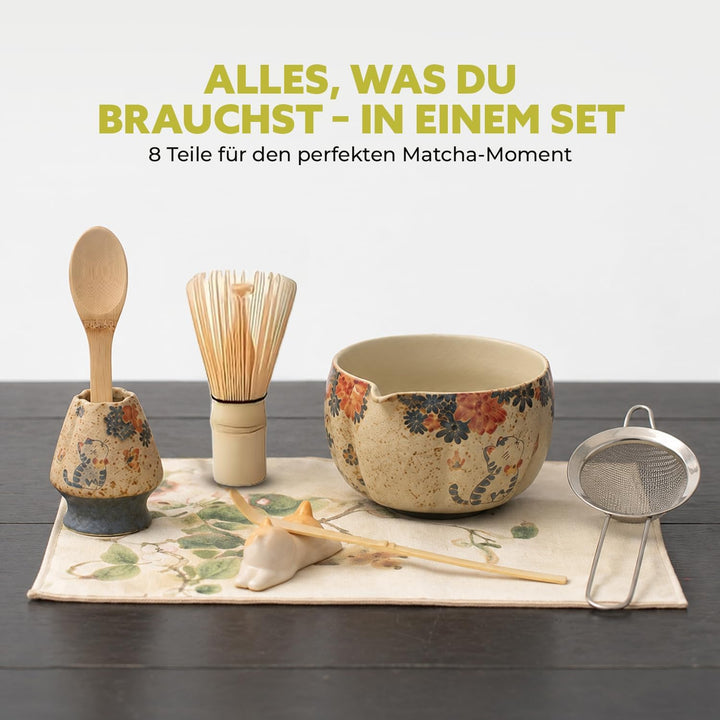 Matcha Set Japan 8-teilig – Premium Matcha Tee Set mit Keramik Schale, Bambus Chasen Besen & Halter,