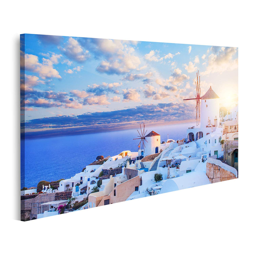 islandburner Bild auf Leinwand Santorini Skyline Blauer Himmel Wolken Oia Stadt Griechenland Wahrzei