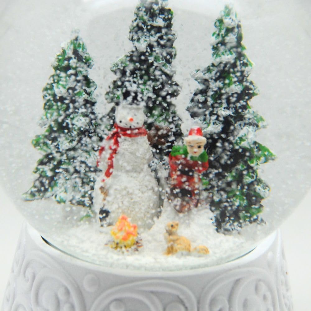 Schneekugel Weihnachten Spieluhr | Schneemann Steht Kind auf Schlitten| Ornament Sockel weiss | Höhe