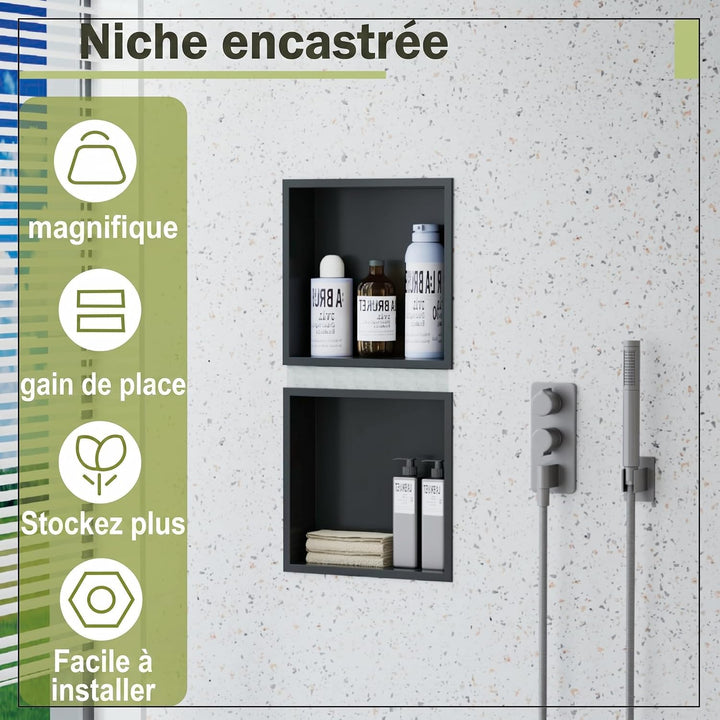 Wandmontierter Duschschrank Schwarz 30x30x10 cm Edelstahl-Duschablage mit unterputziger Basis, geeig