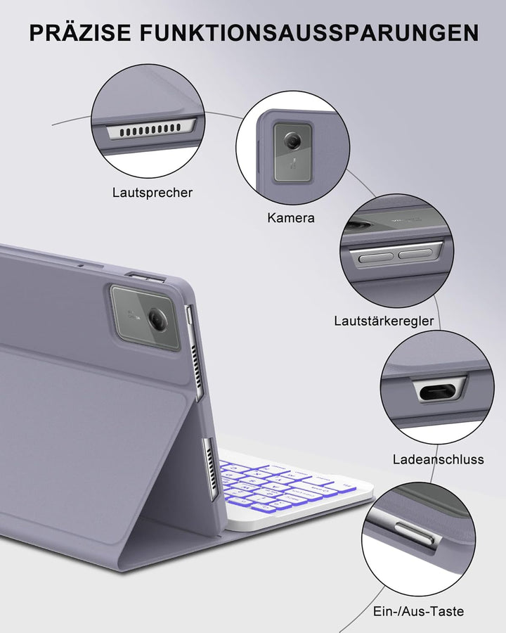 Bluetooth Tastatur Hülle für Lenovo Idea Tab 11 Zoll, Deutsch QWERTZ mit 7-Farben Beleuchtung, ohne