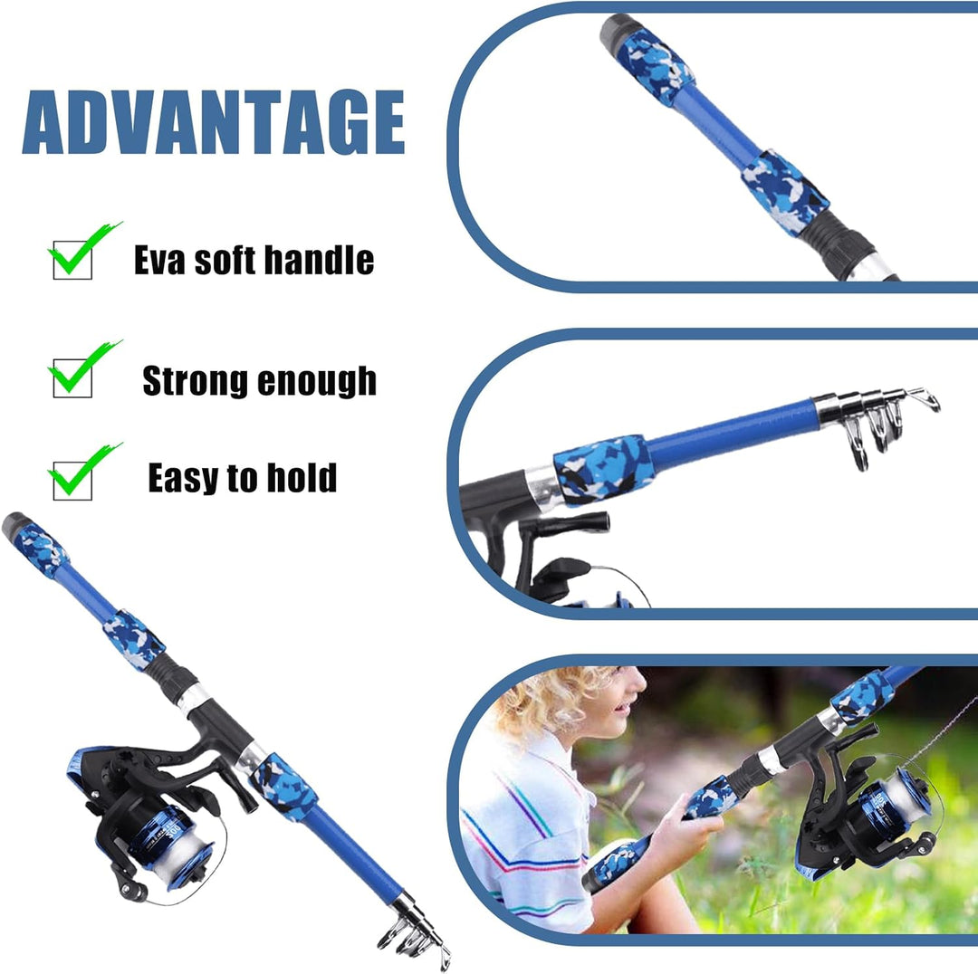 Angelset für Kinder: Angelrute Set mit Angelrolle und Köder Set, Kohlefaser Teleskop Angelrute 1.8m,