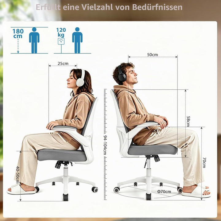 Durrafy Ergonomischer Bürostuhl Schreibtischstuhl mit Hochklappbaren Armlehnen,Verstellbarer Lendenw