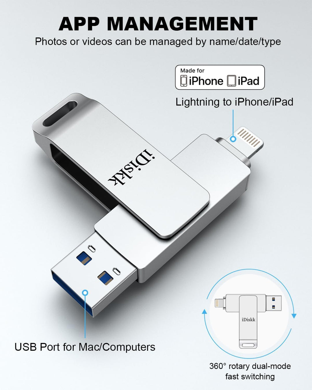 iDiskk 256 GB MFi-zertifizierter Fotostick für iPhone, USB-Stick für iPad mit Lightning Memory Stick
