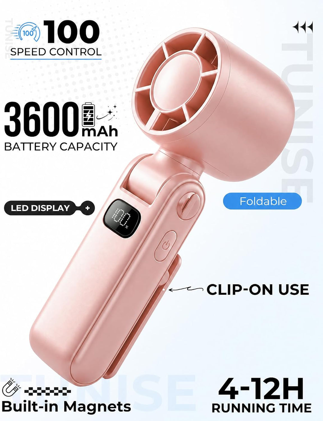 TUNISE Tragbarer Ventilator, Handventilator mit 3600mAh Akku, Mini Ventilator mit magnetischem Clip,
