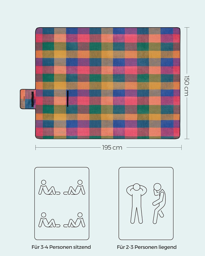 SONGMICS Picknickdecke, 195 x 150 cm, gross, Campingdecke, für Park, Garten, Strand, wasserdicht, ma