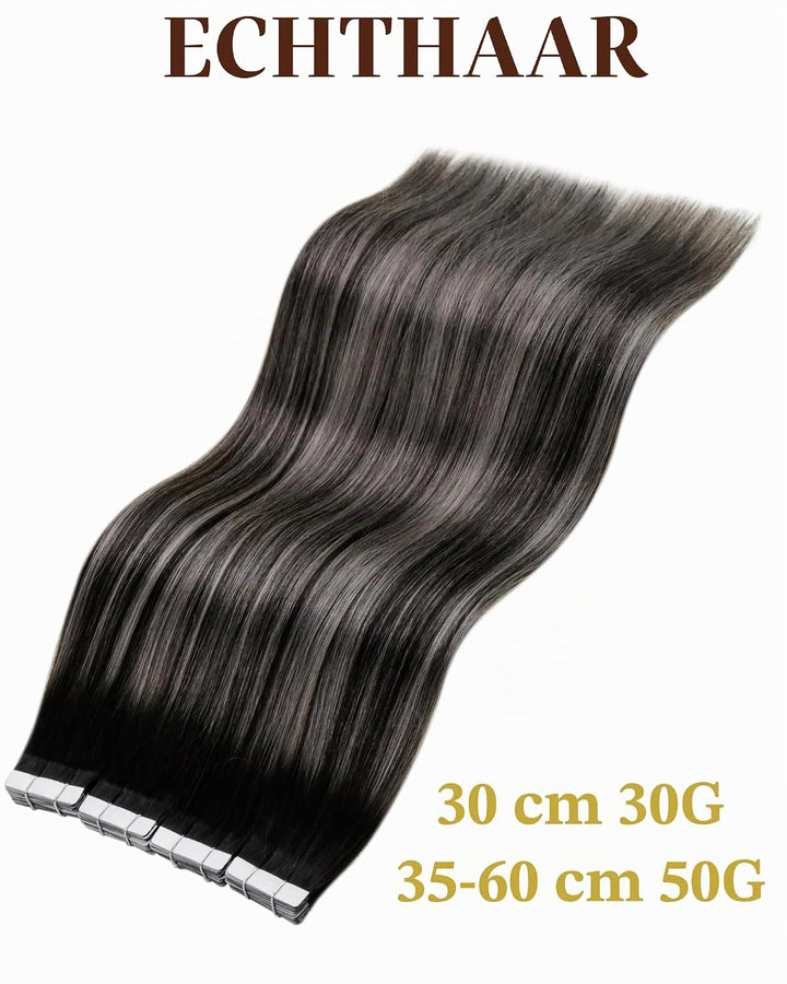 Hetto Tape Extensions Echthaar, Balayage Naturschwarz mit Silber, 35cm | 20 Stucke 50g 100% Remy Haa