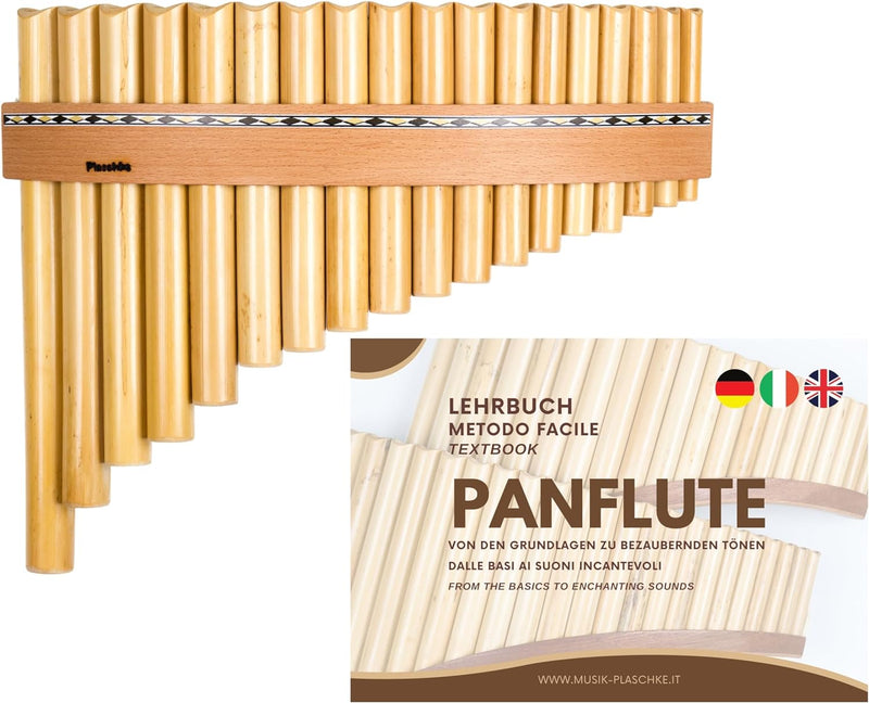 Plaschke Panflöte, Holzriemen Design, handgemacht mit Lehrbuch, 18 Rohre G-Dur 18 Tones G/Sol, 18 To