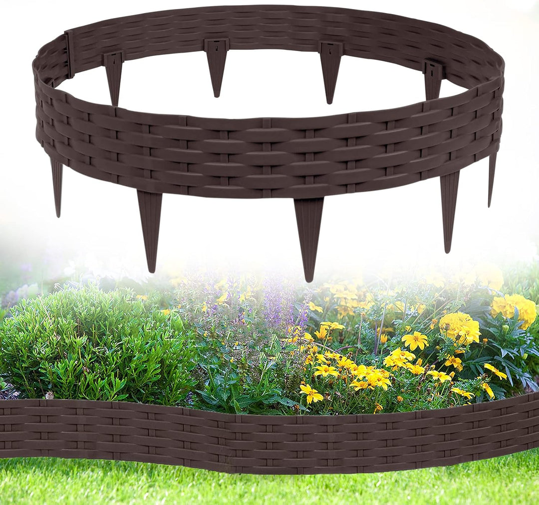 Aufun 10m Rattan Rasenkante Beeteinfassung Kunststoff mit 10 Elemente á 100 cm, Rattan-Optik Design
