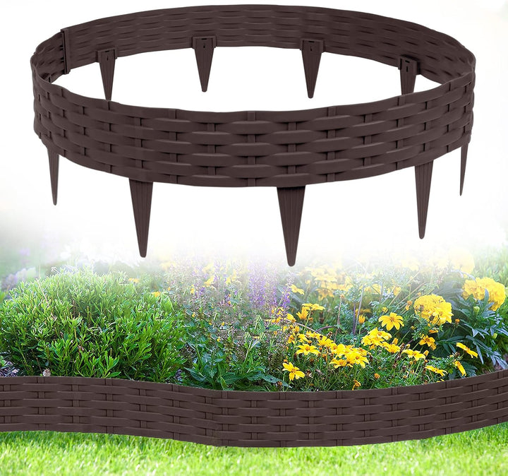 Aufun 10m Rattan Rasenkante Beeteinfassung Kunststoff mit 10 Elemente á 100 cm, Rattan-Optik Design