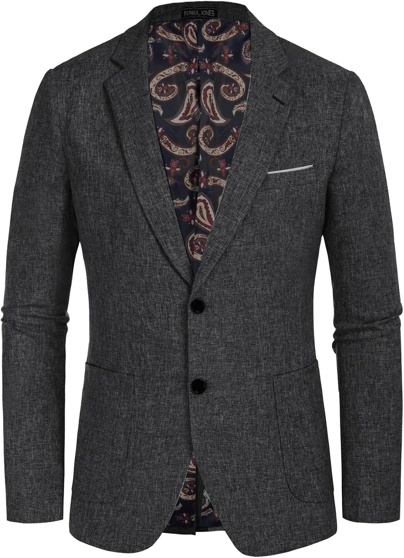 Blazer Herren Leinen Sakkos für Herren mit Gekerbtem Revers 2 Knöpfe Regular Fit, L Grau