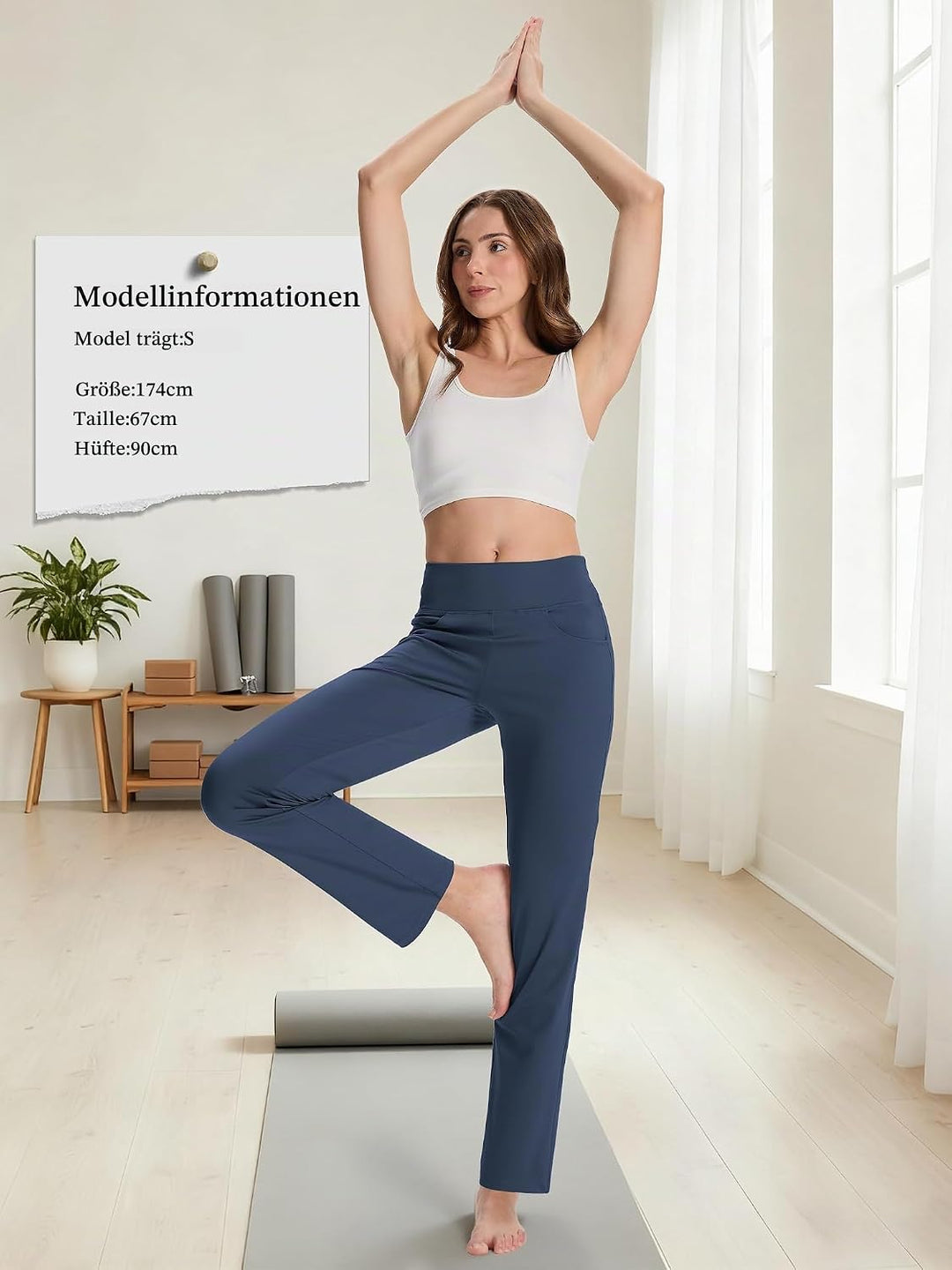MOVE BEYOND Butterweiche Damen Straight Leg Yoga Hose mit 4 Taschen Bauchfrei Workout Arbeitshose S
