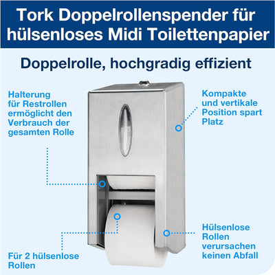 Tork Doppelrollenspender für hülsenloses Midi Toilettenpapier T7 Edelstahl, Hohe Kapazität, 472019,