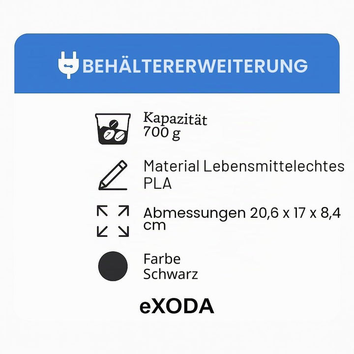 eXODA Bohnenbehälter 700g Erweiterung für Delonghi Magnifica Evo grosse Kapazität für bis zu 1kg Kaf