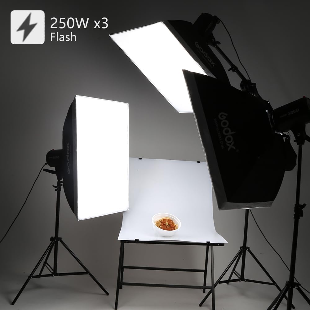Godox 750W Studio Stroboskop Blitzlicht Kit, Stroboskop Beleuchtungsset für Fotografie, 3x250W 5600K