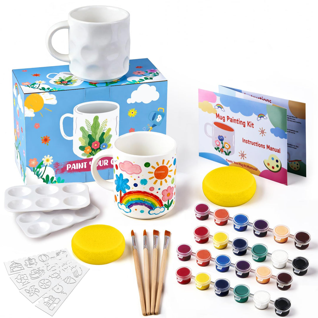 Keramik Bemalen Set für Erwachsene, Tassenmalset zum Selbermachen für Anfänger mit 2 Tassen, Pinsel,