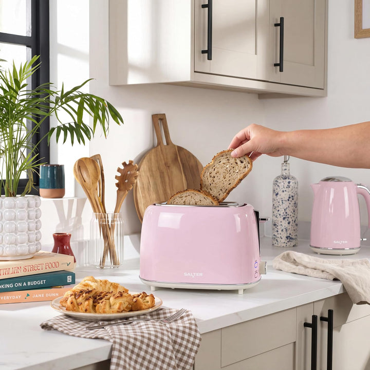 Salter Retro Wasserkocher elektrisch 2200 W, 1,7 l – rosa Wasserkocher mit 360°-Drehfuss, herausnehm