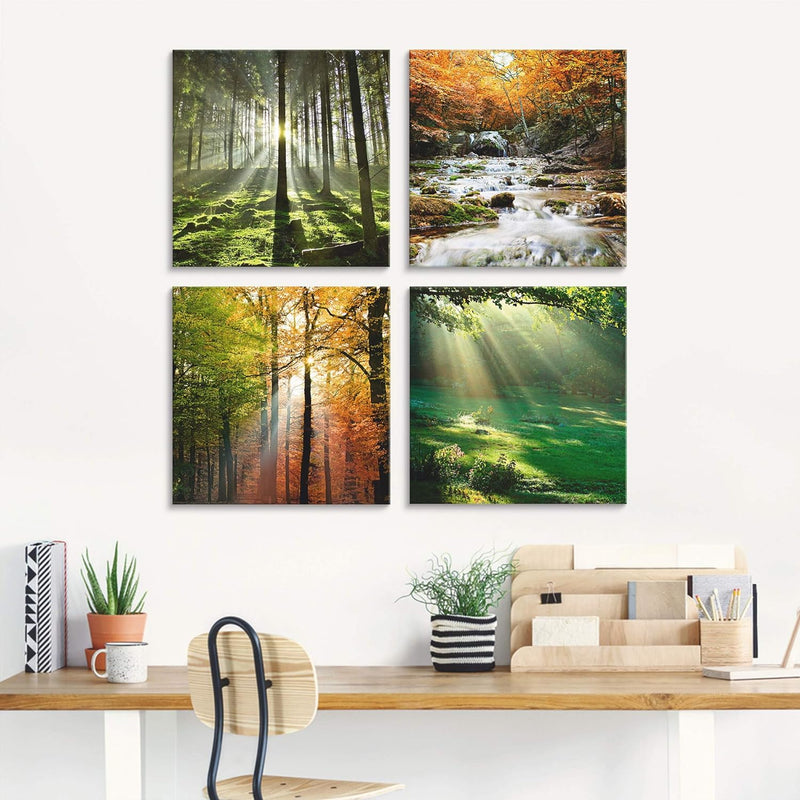 ARTland Glasbild Wandbild Glas Bild 4er Set 4 teilig je 40x40 cm Natur Landschaft Wald Baum Grün Gra