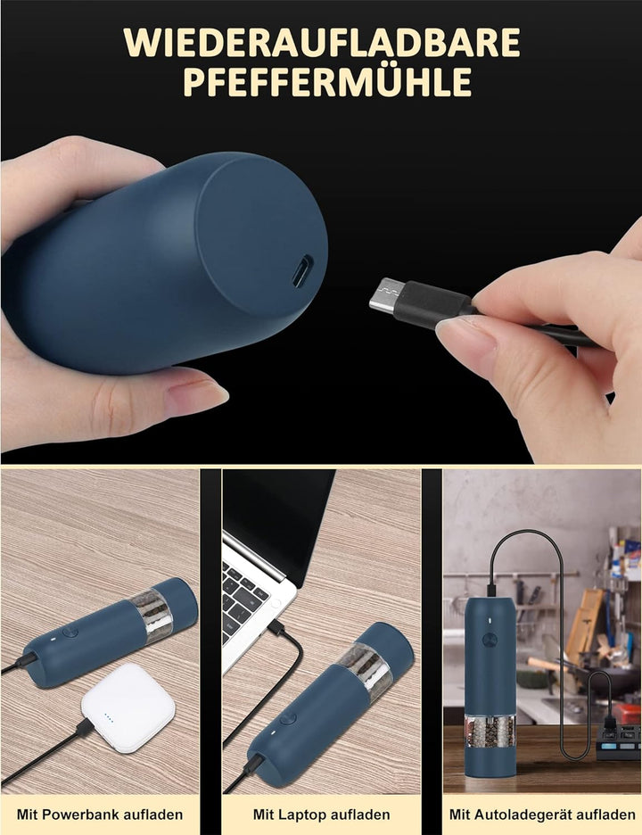 Pfeffermühle Elektrische Salz und Pfeffermühle USB Aufladbare 2er Set Gewürzmühle mit Einstellbar Ke