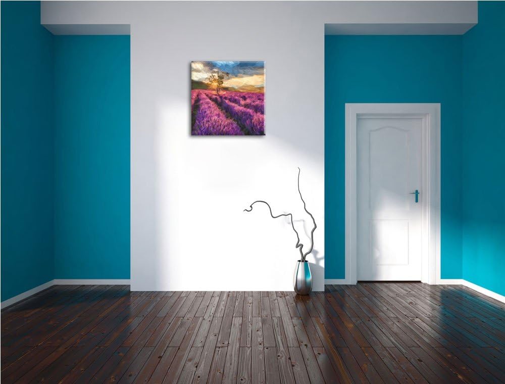 Pixxprint Zartes Lavendelfeld mit einsamen Baum, Format: 70x70 auf Leinwand, 70x70