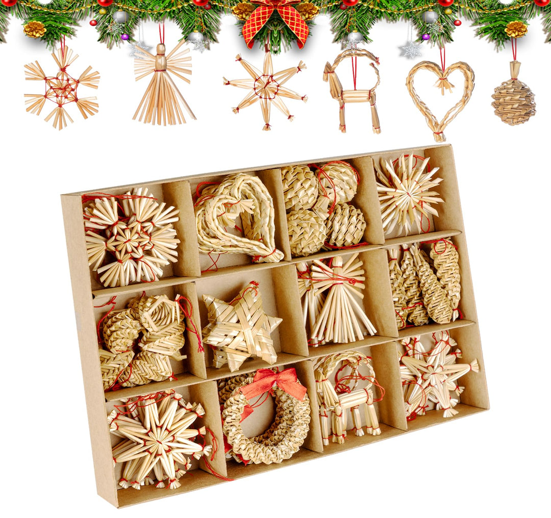 46 x Weihnachten Natur Strohsterne Set,Christbaumschmuck Stroh mit Natürlichen Akzenten,Handgemacht