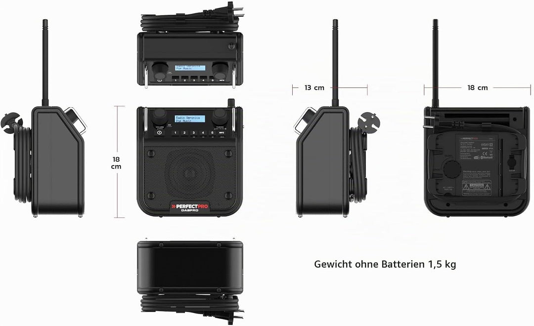 PerfectPro Baustellenradio DABPRO, DAB+ und UKW-Empfang, AUX-Eingang, MP3, Bluetooth, Netzstrom und