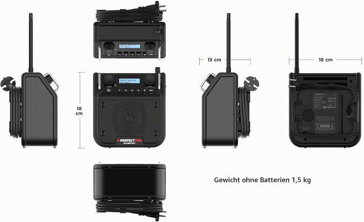 PerfectPro Baustellenradio DABPRO, DAB+ und UKW-Empfang, AUX-Eingang, MP3, Bluetooth, Netzstrom und