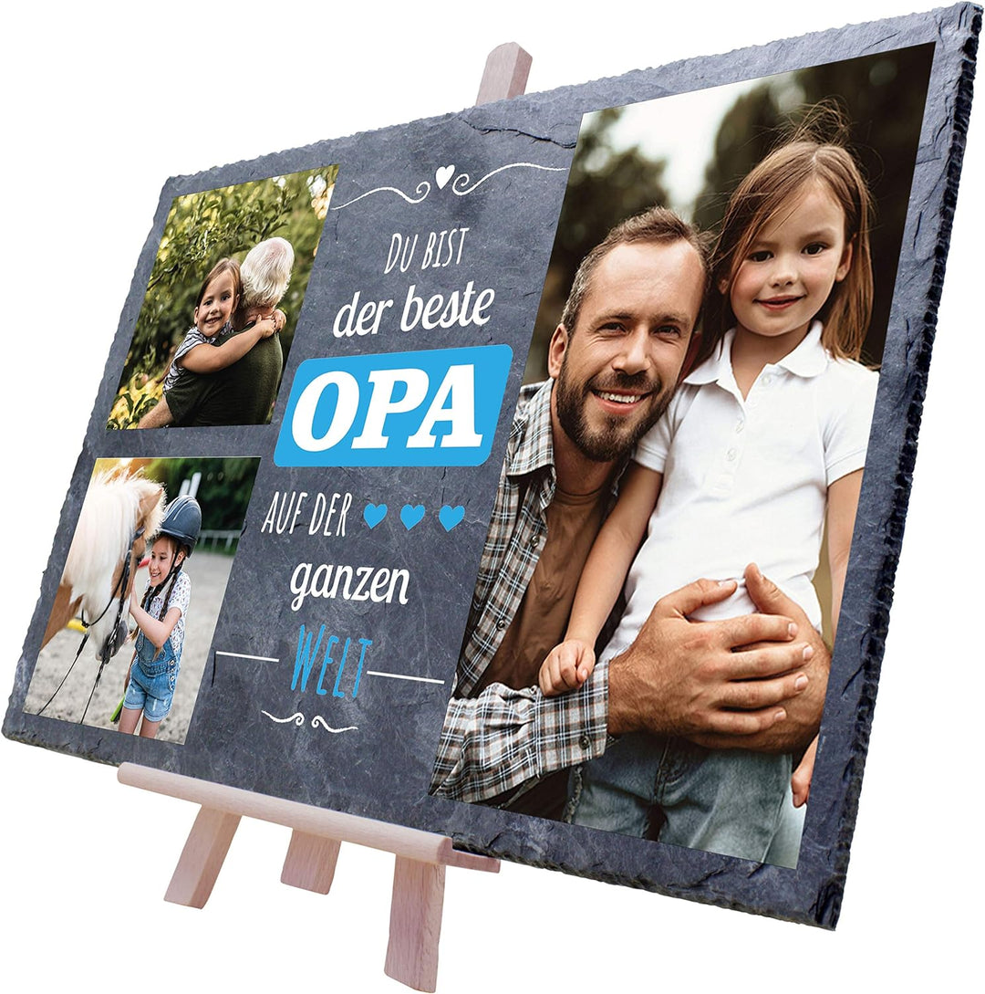 wandmotiv24 Schiefertafel Bester Opa mit Holz-Staffelei, Personalisiert mit 3 Farb-Fotos, Digitaldru