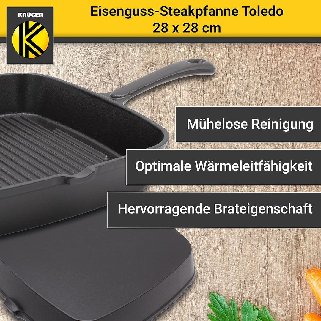 KRÜGER Gusseisen-Grillpfanne Toledo mit Ausgiesser - 28 x 28 cm - emailliert - hohe Hitzebeständigke