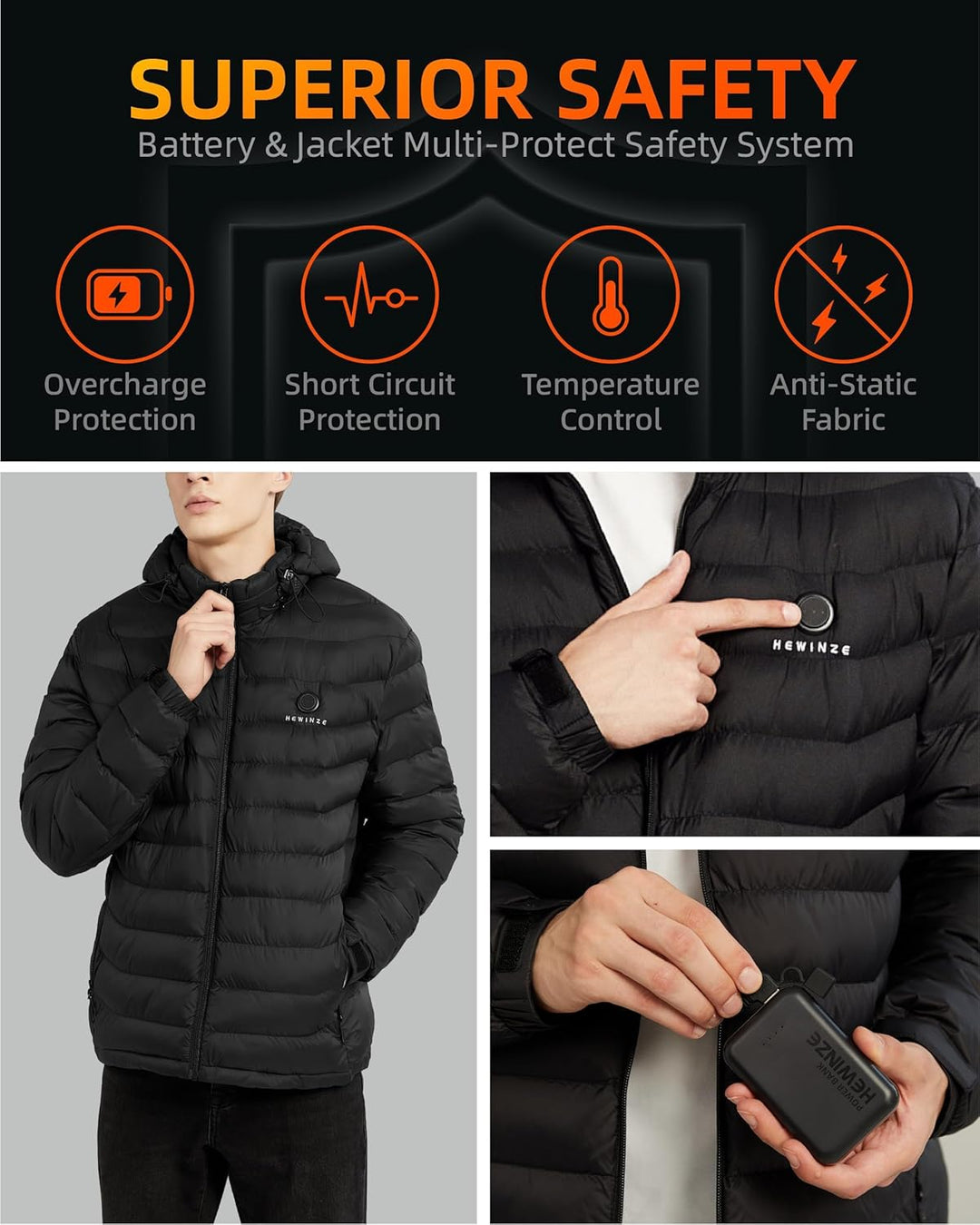 HEWINZE Beheizbare Jacke Herren mit kapuze,Warme Pufferjacke Damen mit akku 5V 10000mAh,Winterjacke