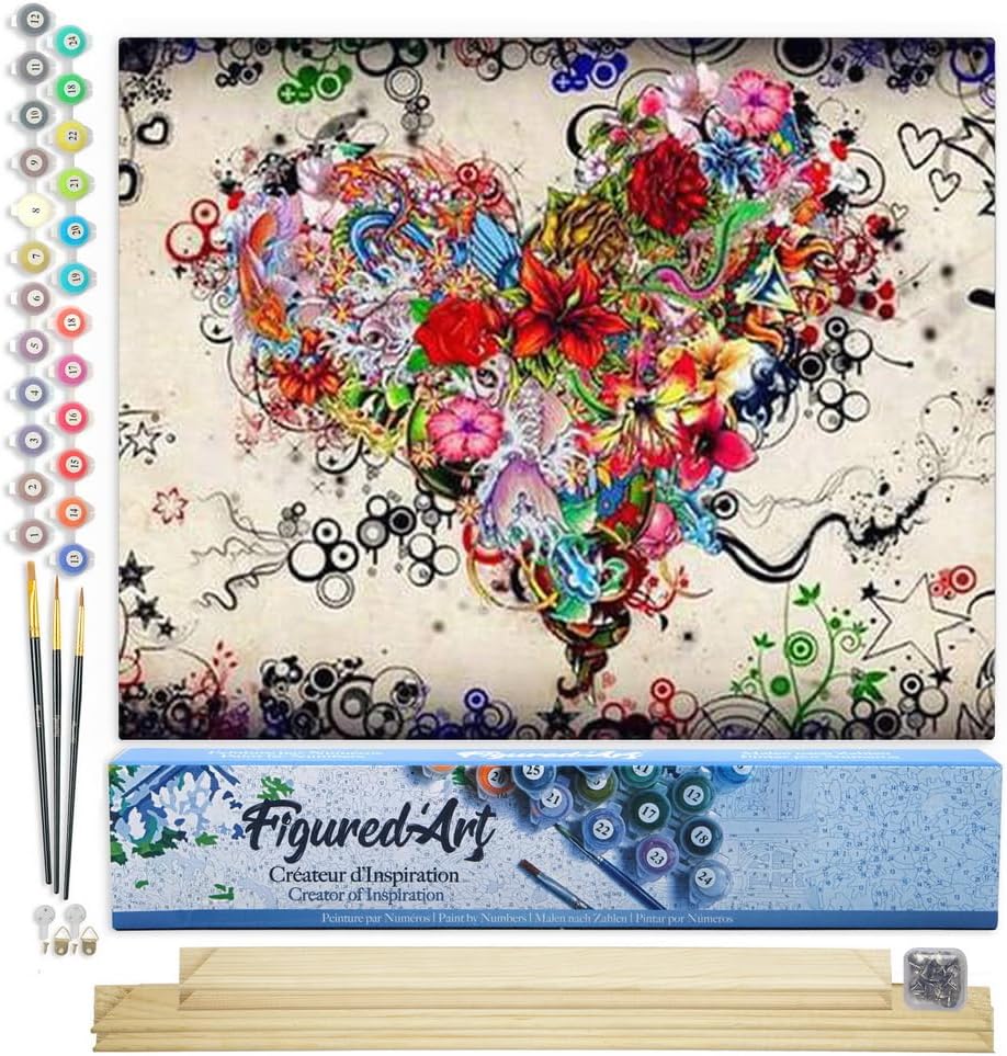 Figured'Art Malen Nach Zahlen Erwachsene Mit Rahmen Blumenherz - Paint by Numbers Basteln DIY Bastel
