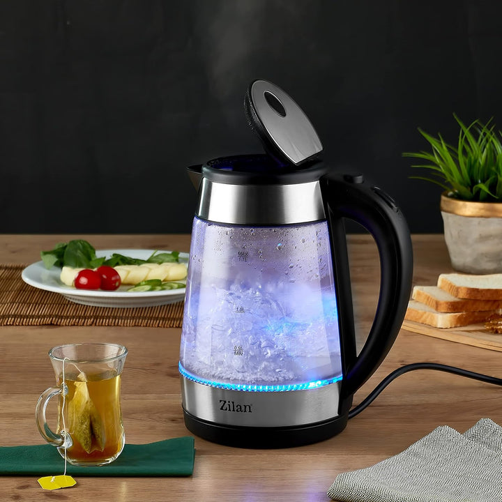 Edelstahl Glas Wasserkocher | 2200W | 1,7 Liter | Blaue LED-Beleuchtung | 360 Grad | Kalkfilter | BP