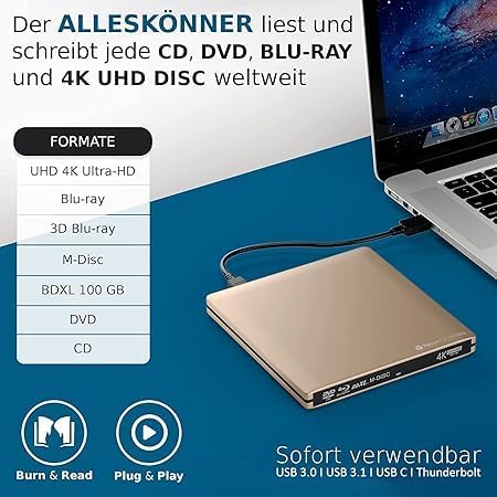 techPulse120 externes USB 3.1 USB-C 3.0 UHD HDR 4k 3D MDisc BDXL Laufwerk Bluray Brenner Burner Supe