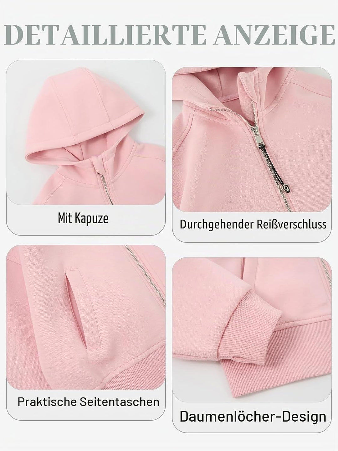 Rolanko Kapuzenpullover für Mädchen mit Reissverschluss, Gemütliche Langarm-Kapuzenjacke Lässiges Sw