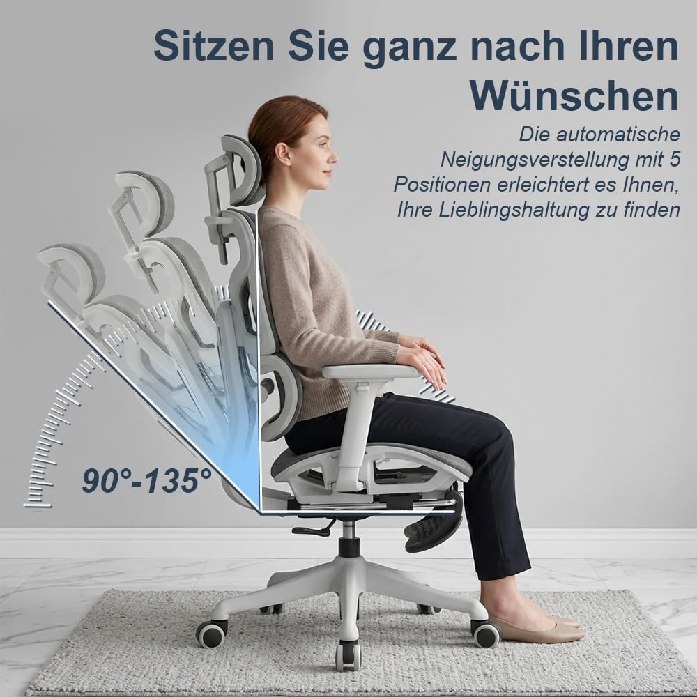 Ergonomischer Bürostuhl mit Lendenwirbelstütze, Kopfstütze & Fussstütze, Höhenverstellbarer Drehstuh