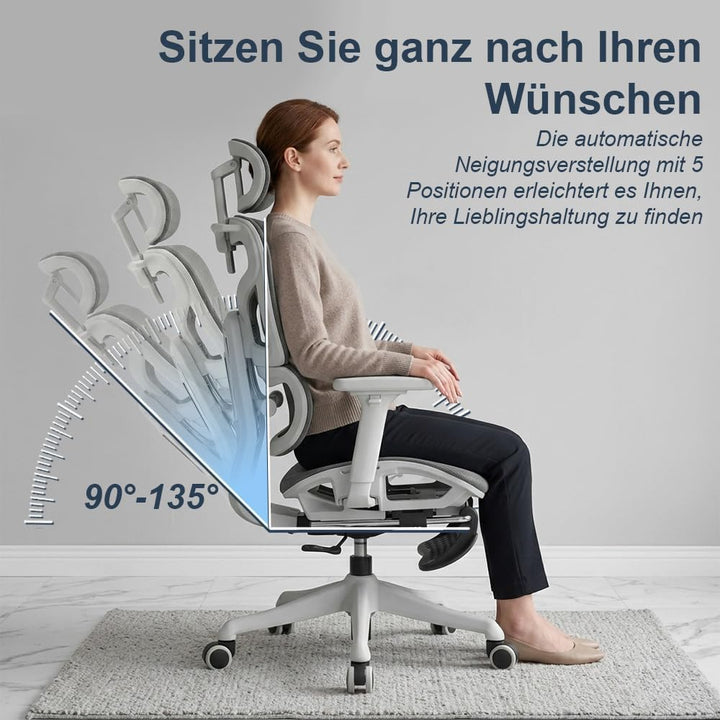 Ergonomischer Bürostuhl mit Lendenwirbelstütze, Kopfstütze & Fussstütze, Höhenverstellbarer Drehstuh