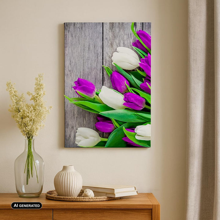 Bilder auf Leinwand Tulpen Holz Blumenstrauss Blumen Leinwandbild mit Rahmen 45x80cm Wandbilder Deko