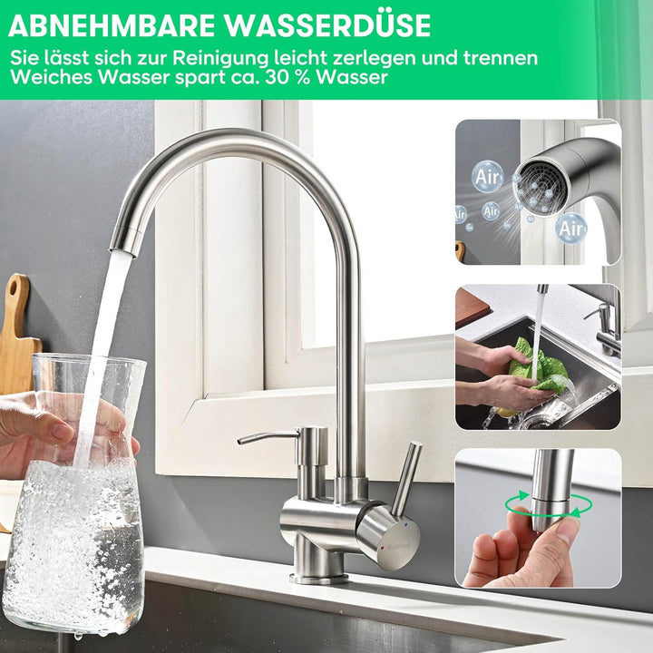 BuntHaus Wasserhahn Küche mit Seifenspender, Hochdruck Küchenarmatur mit 360° Schwenkbar Armatur, Mi