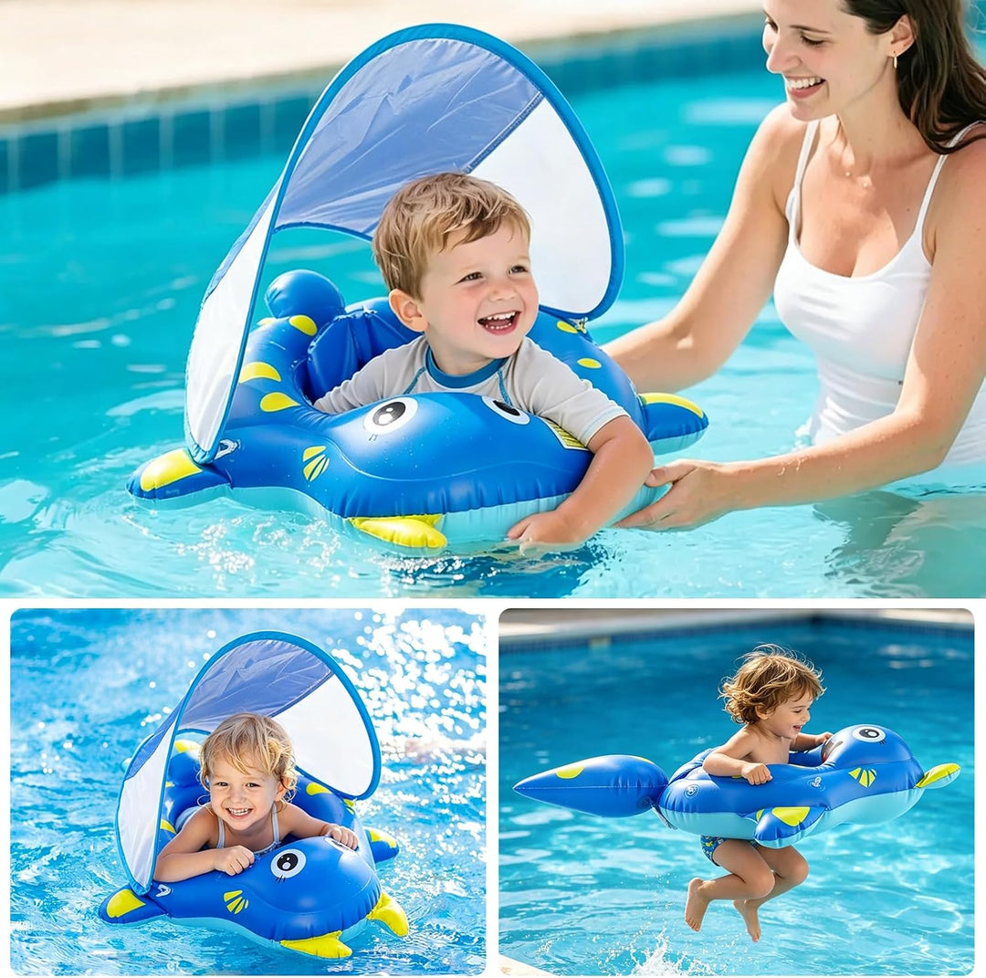 Schwimmring Baby mit Sonnendach Schwimmhilfe mit Sitz Abnehmbares Dach Stabile Form Rochen Design fü