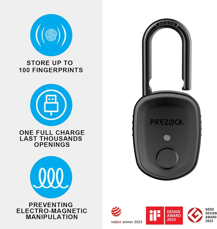 Fingerabdruck-Vorhängeschloss mit Schlüssel-Backup, 2 Schlüssel, Prezlock, geeignet für den Aussenbe