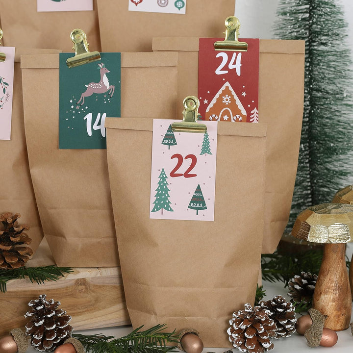 Papierdrachen DIY Adventskalender zum Befüllen - 24 Geschenktüten und 24 Visitenkarten mit Zahlen un