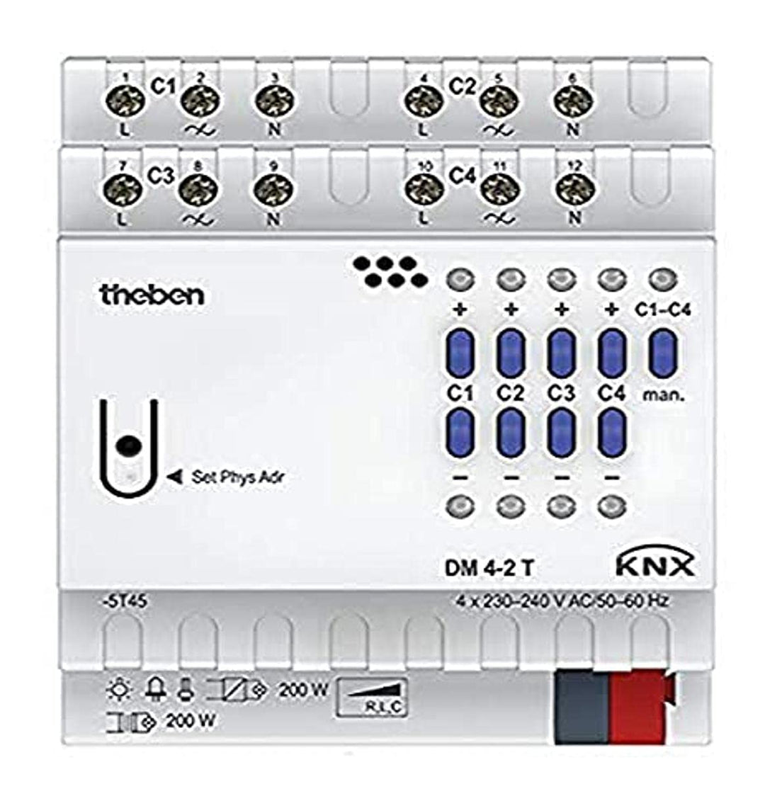 Theben 4940280 DM 4-2 T KNX 4-fach Universal-Dimmaktor FIX 1 mit Dimmbereich 0-100%, Vorschaltgerät,