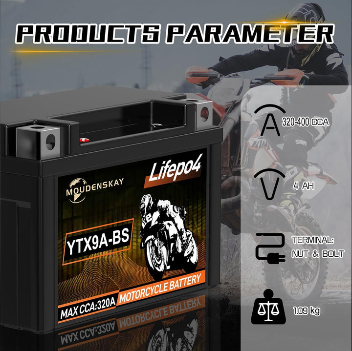 Lithium MotorradBatterie 12V Lithium Powersports Batterie mit BMS(YTX9A-BS 12.8V 4Ah 320CCA) LiFePO4