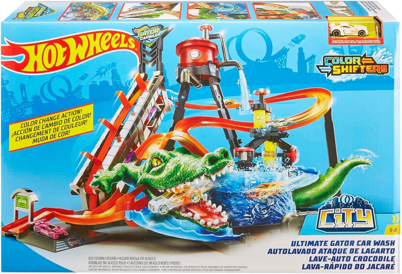 Hot Wheels FTB67 - City Ultimative Autowaschanlage mit Krokodil, Car Wash Waschstation Spielset mit